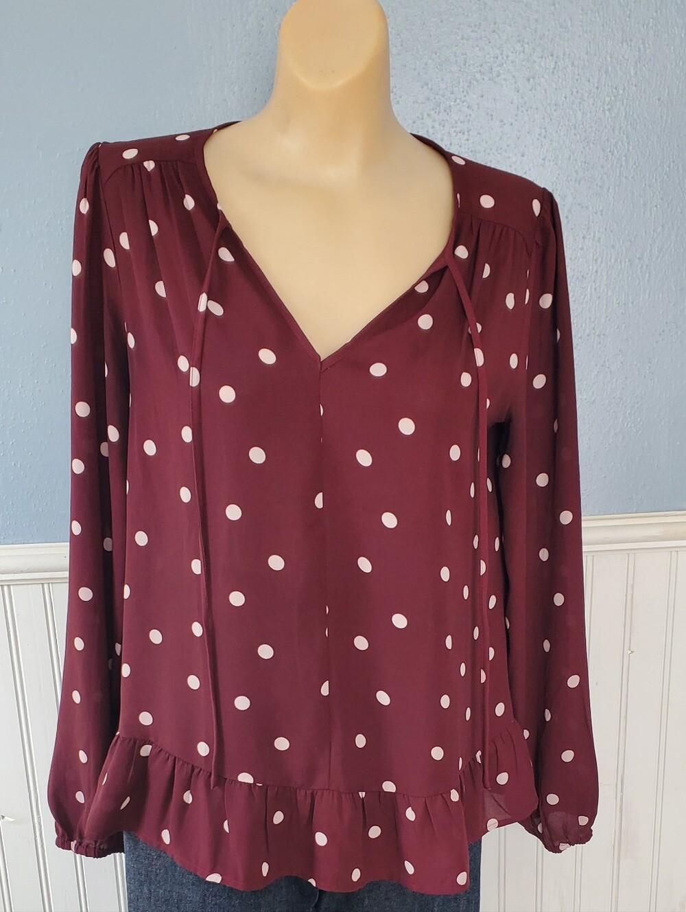 LOFT Burgundy Polka Dot Peplum Blouse Preppy, Office, Travel